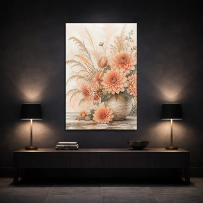 Mockup 3. Floral Dahlias Peach Floral shown as stretched canvas wall art