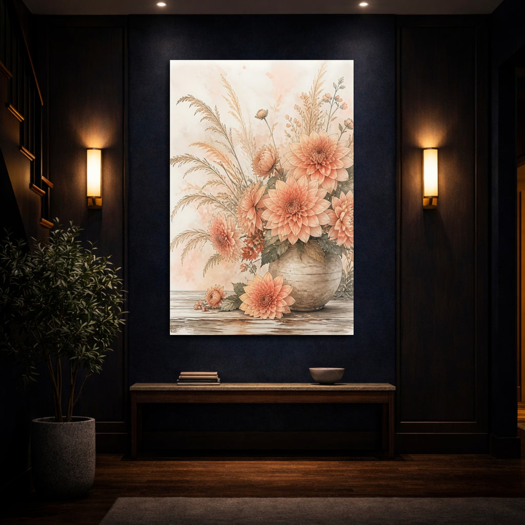 Mockup 4. Floral Dahlias Peach Floral shown as stretched canvas wall art