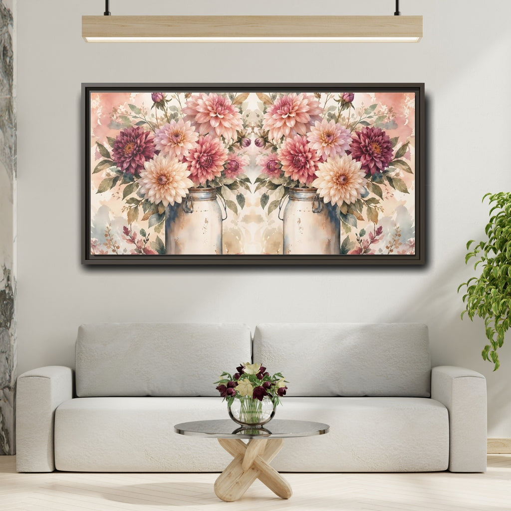 Mockup 2. Floral Dahlias Pink Dahlias shown as stretched canvas wall art
