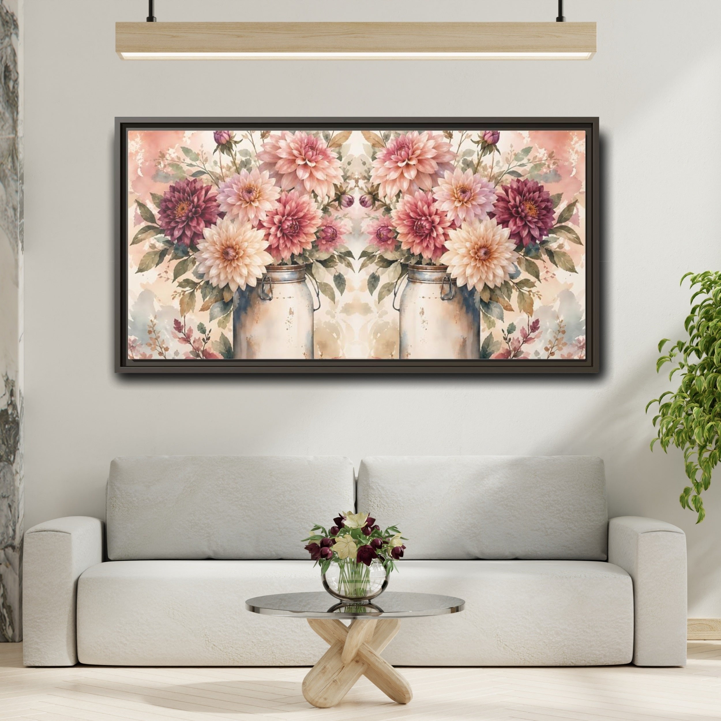 Mockup 2. Floral Dahlias Pink Dahlias shown as stretched canvas wall art