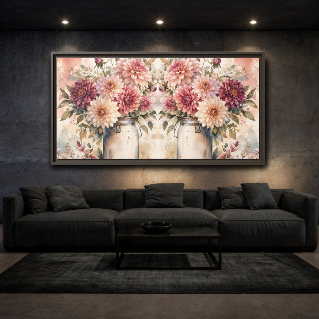 Mockup 3. Floral Dahlias Pink Dahlias shown as stretched canvas wall art