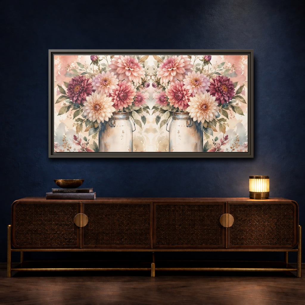 Mockup 4. Floral Dahlias Pink Dahlias shown as stretched canvas wall art