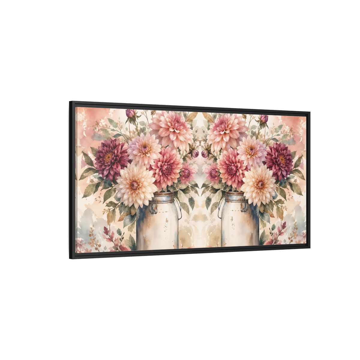 Side Mockup 5. Floral Dahlias Pink Dahlias shown as stretched canvas wall art
