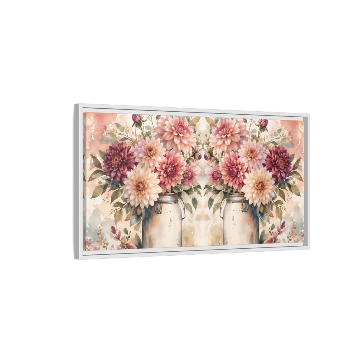 Side Mockup 1. Floral Dahlias Pink Dahlias shown as stretched canvas wall art