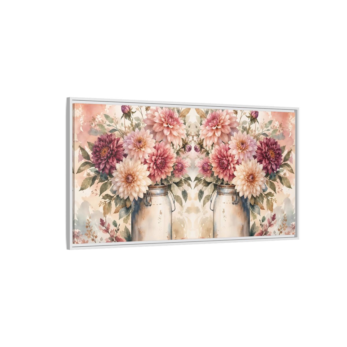 Side Mockup 3. Floral Dahlias Pink Dahlias shown as stretched canvas wall art