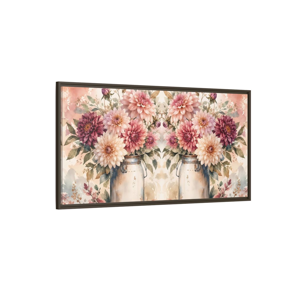 Side Mockup 4. Floral Dahlias Pink Dahlias shown as stretched canvas wall art