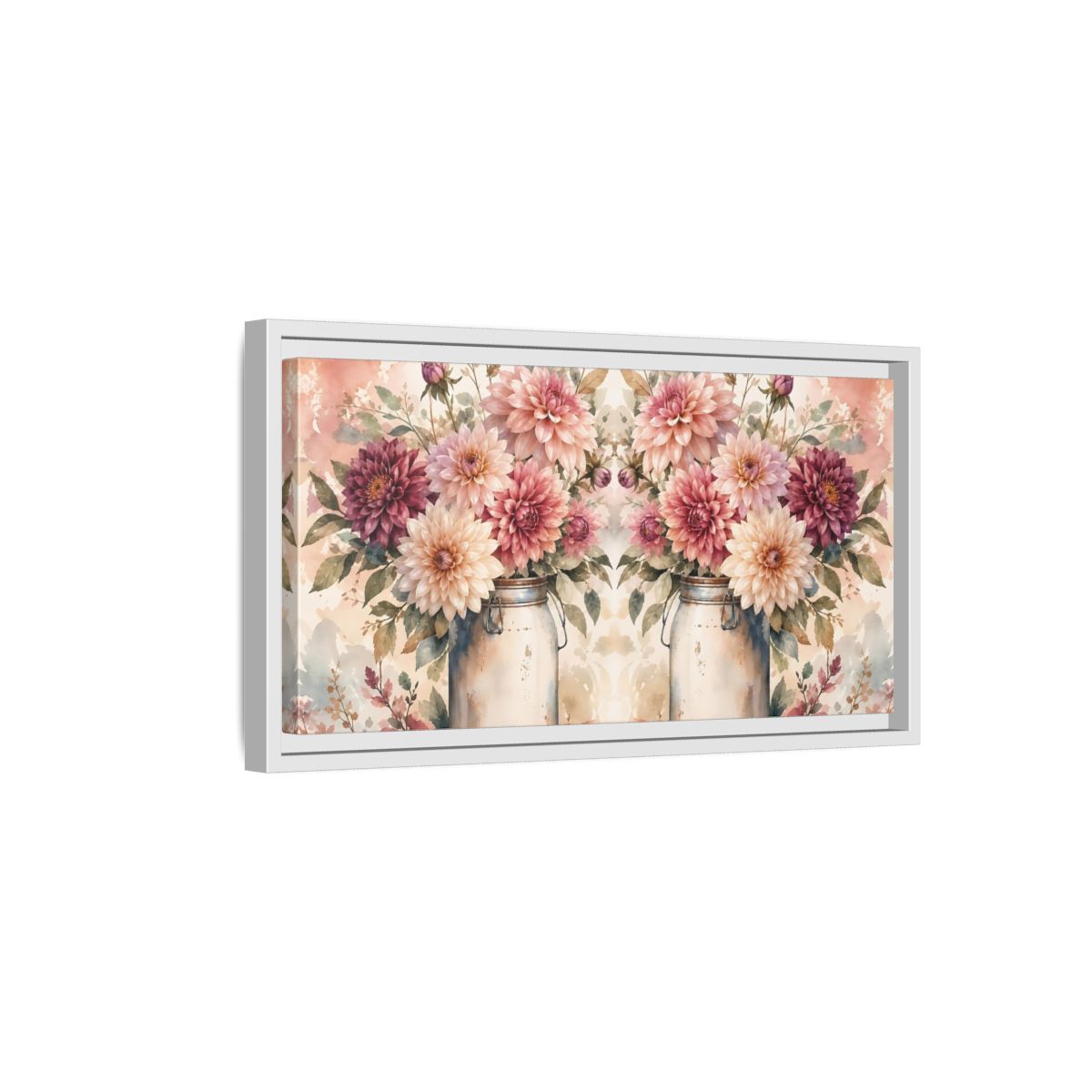 Side Mockup 6. Floral Dahlias Pink Dahlias shown as stretched canvas wall art