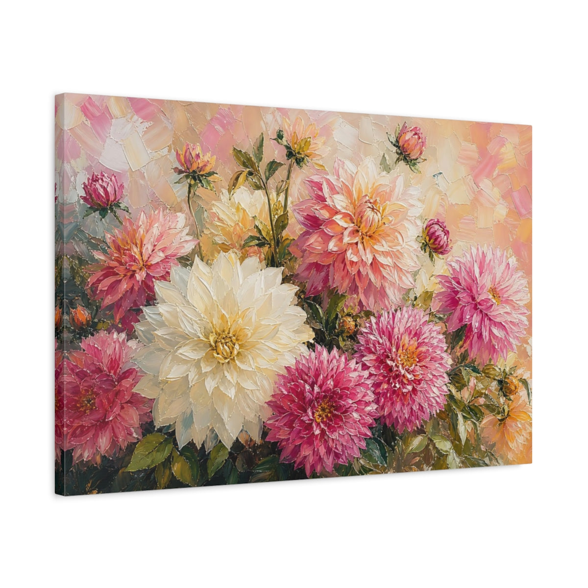 Side Mockup 2. Floral Dahlias Pink Yellow Dahlias shown as stretched canvas wall art