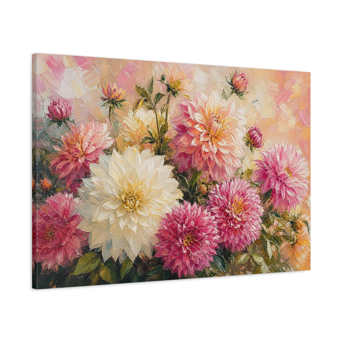 Main Mockup. Floral Dahlias Pink Yellow Dahlias shown as stretched canvas wall art