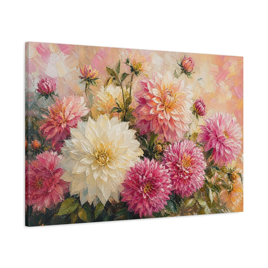 Main Mockup. Floral Dahlias Pink Yellow Dahlias shown as stretched canvas wall art