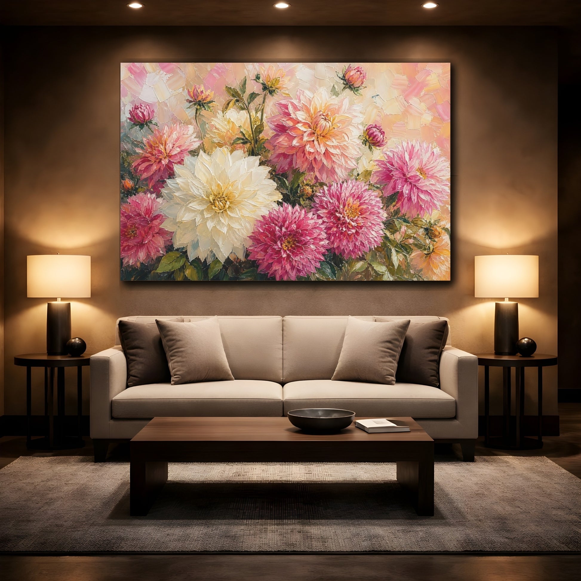Mockup 2. Floral Dahlias Pink Yellow Dahlias shown as stretched canvas wall art