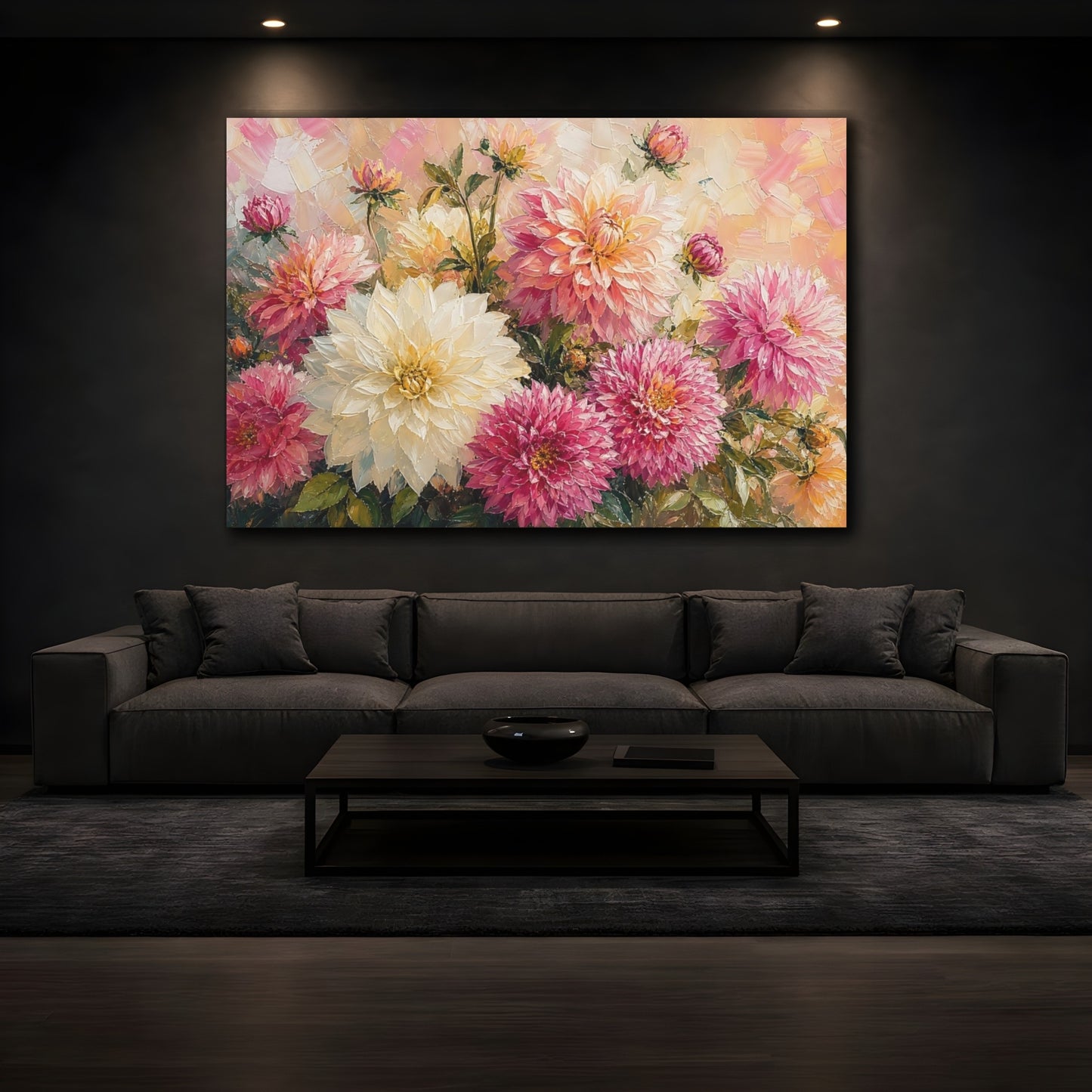 Mockup 3. Floral Dahlias Pink Yellow Dahlias shown as stretched canvas wall art