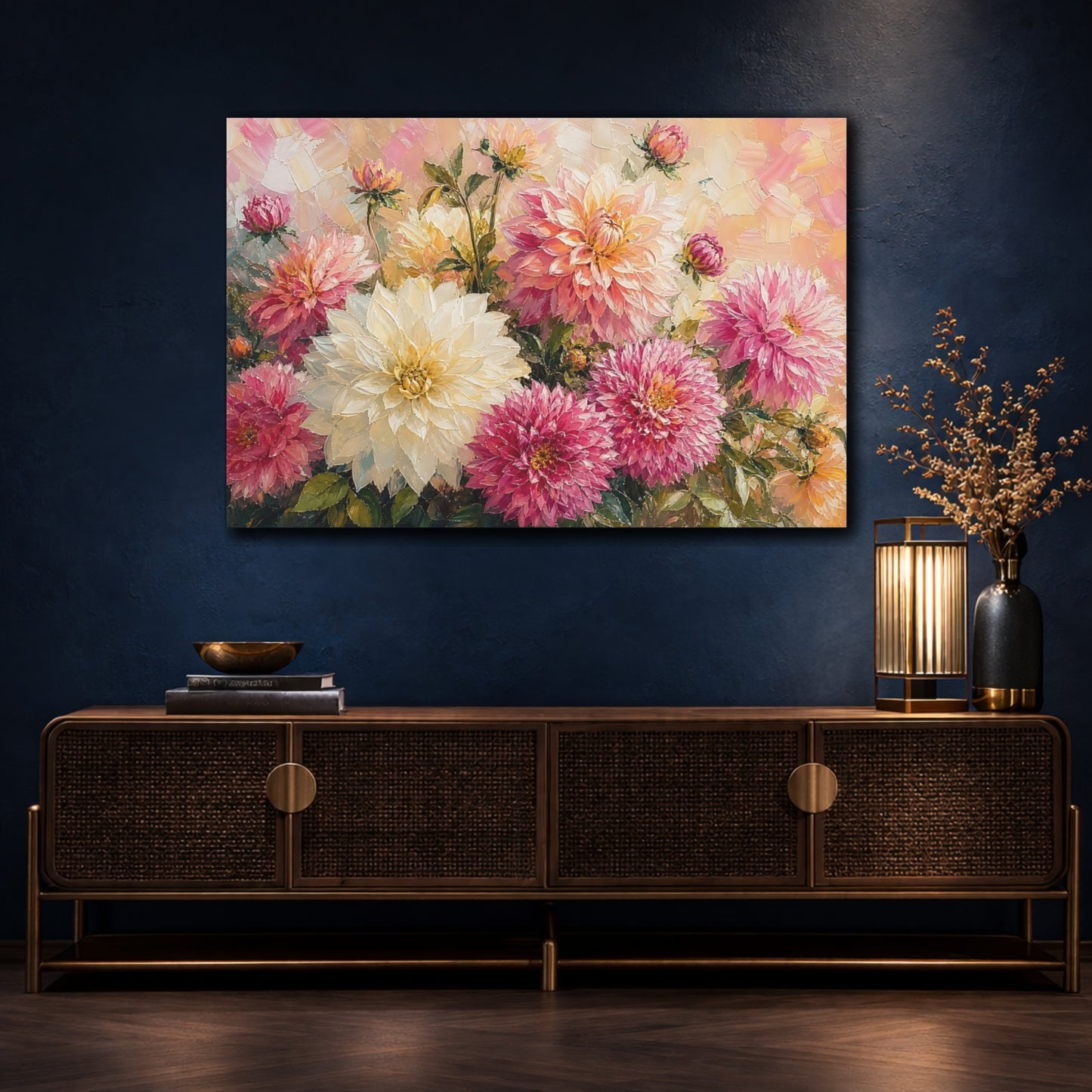 Mockup 4. Floral Dahlias Pink Yellow Dahlias shown as stretched canvas wall art