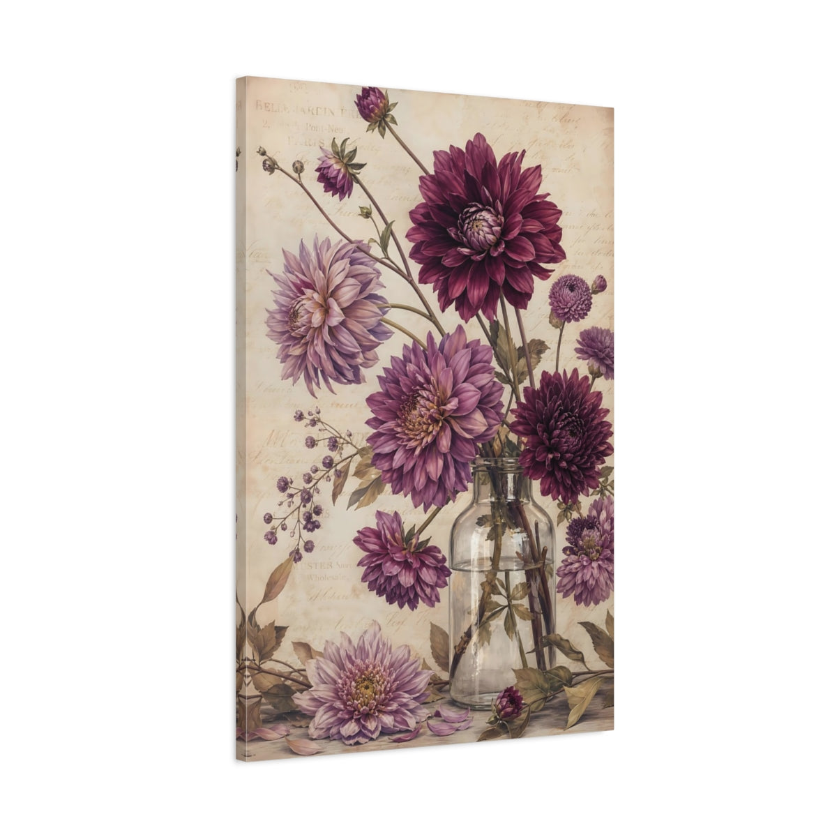Main Mockup. Floral Dahlias Purple And Beige shown as stretched canvas wall art