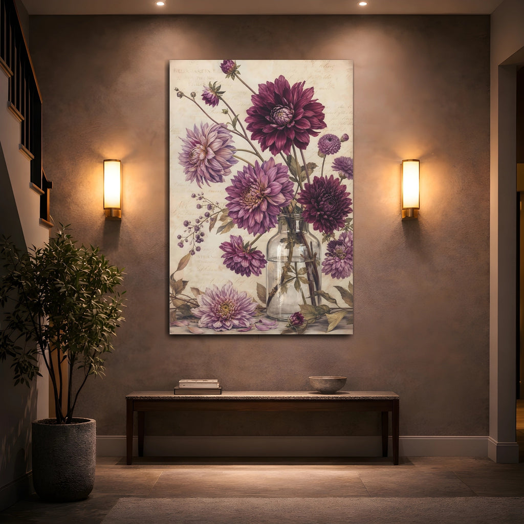 Mockup 2. Floral Dahlias Purple And Beige shown as stretched canvas wall art