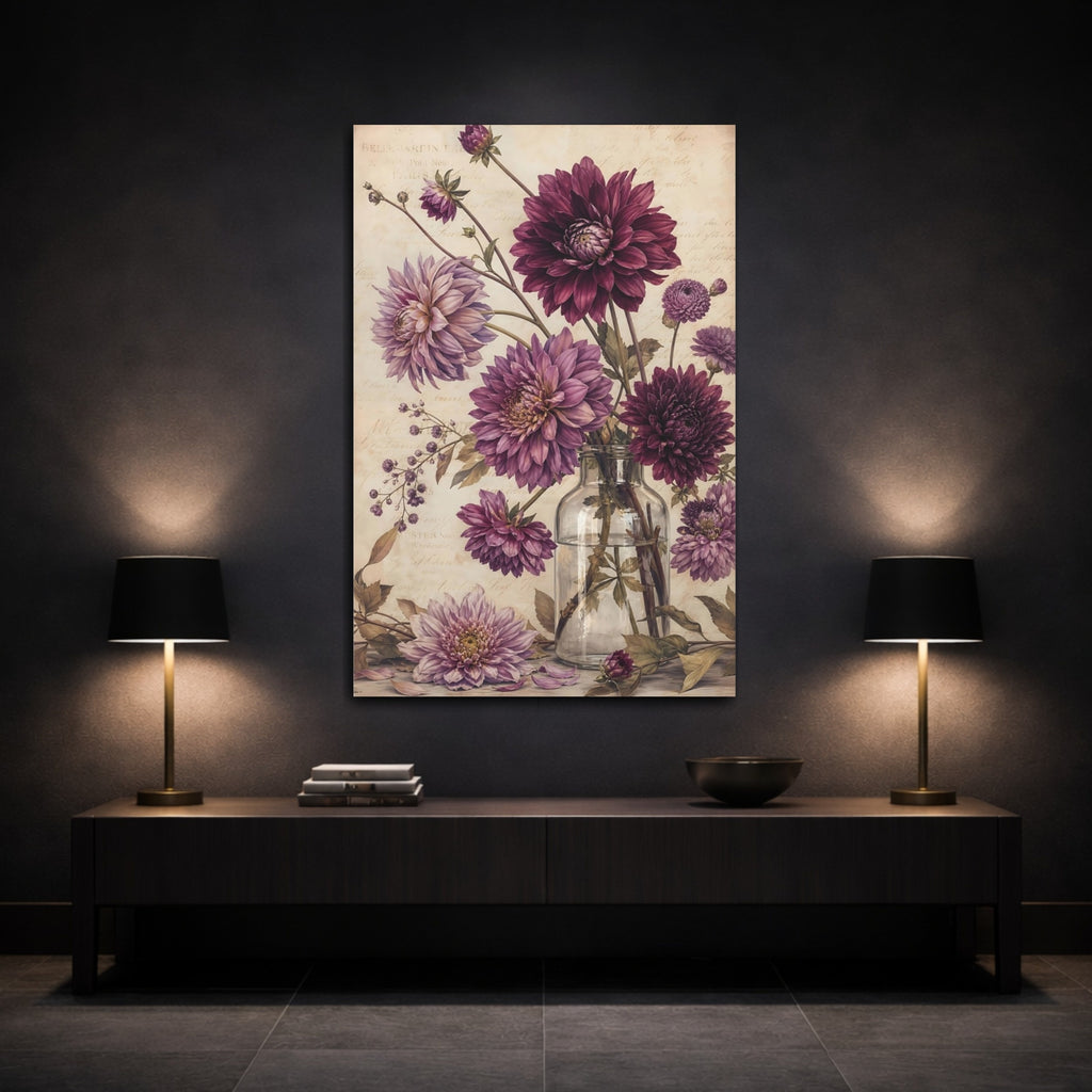 Mockup 3. Floral Dahlias Purple And Beige shown as stretched canvas wall art