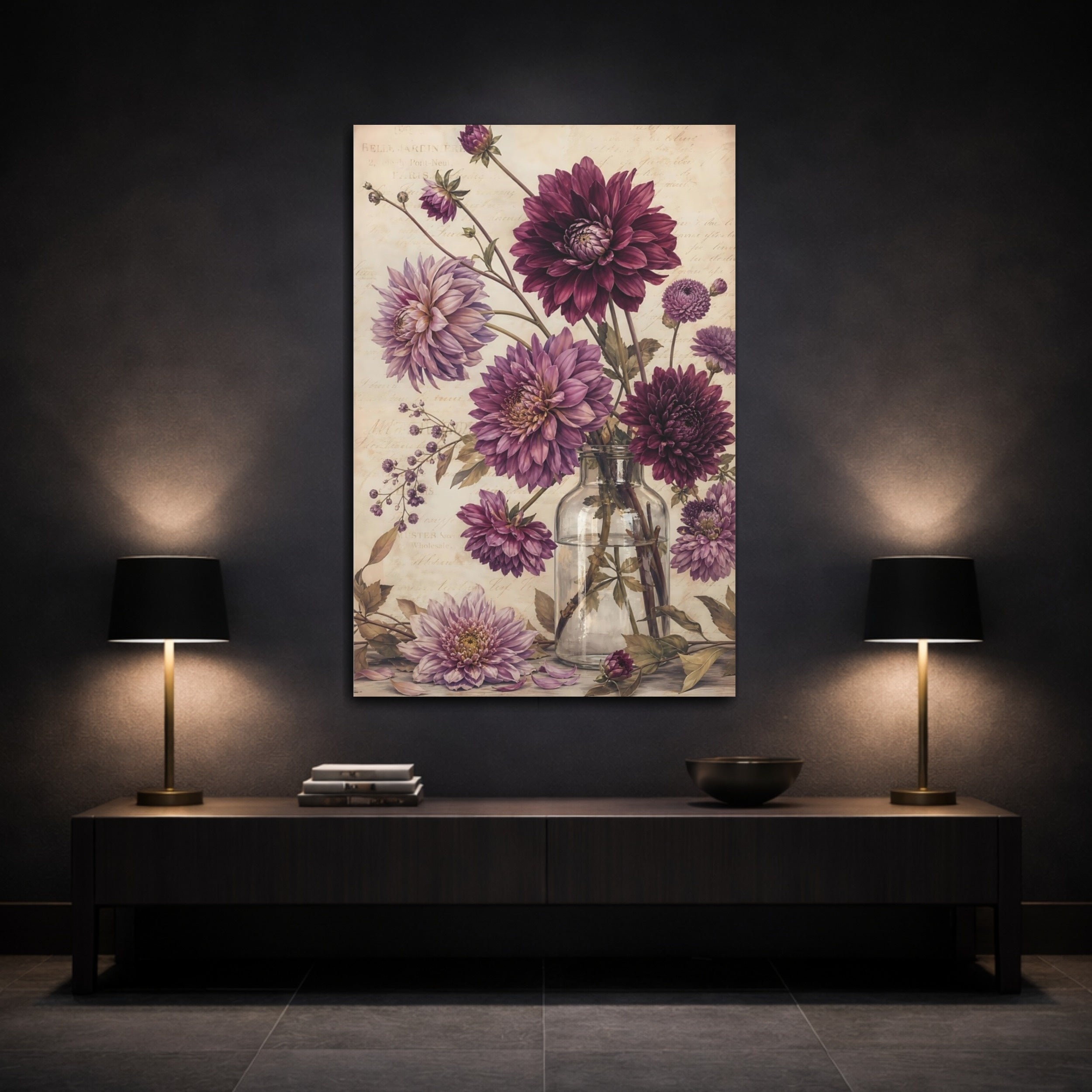 Mockup 3. Floral Dahlias Purple And Beige shown as stretched canvas wall art