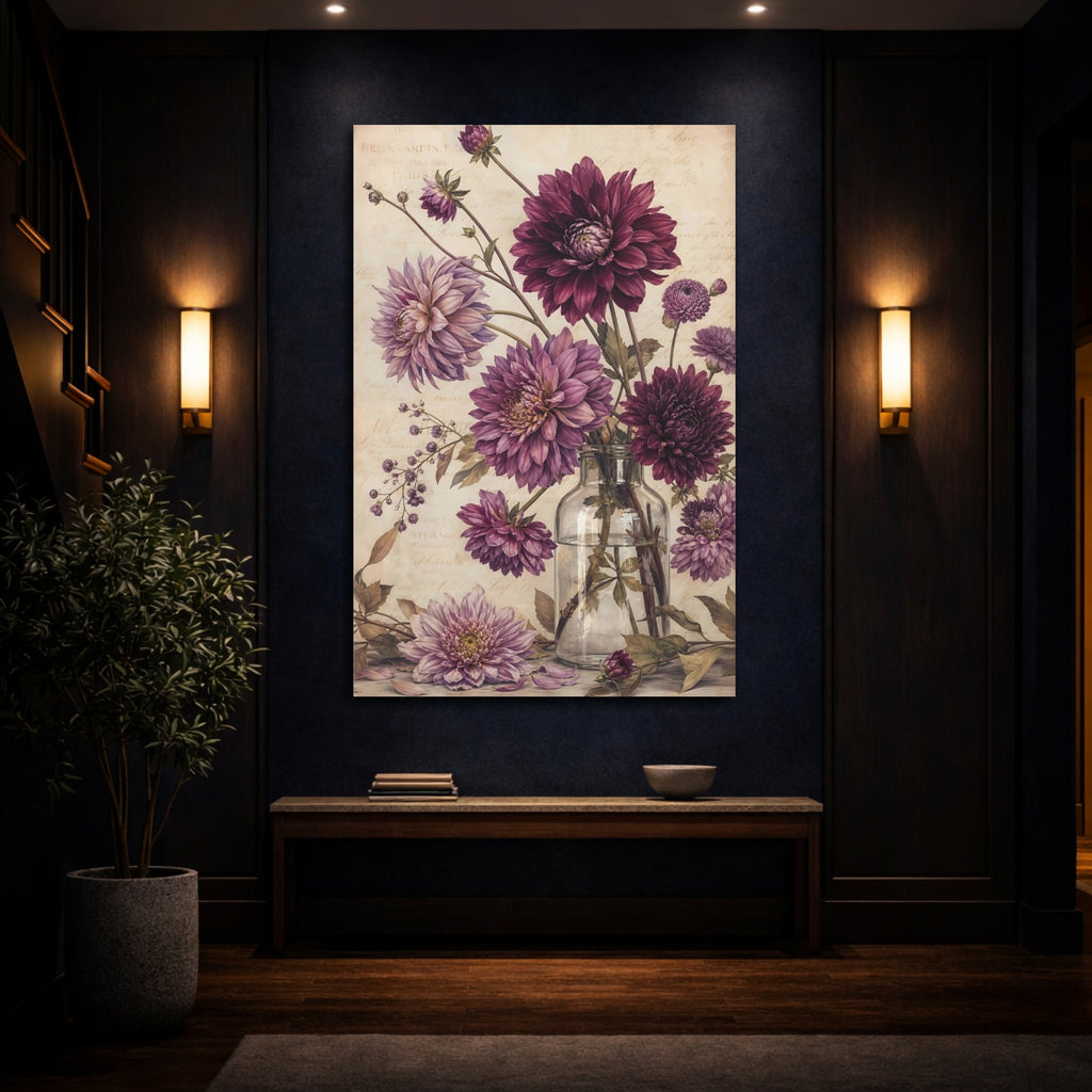 Mockup 4. Floral Dahlias Purple And Beige shown as stretched canvas wall art