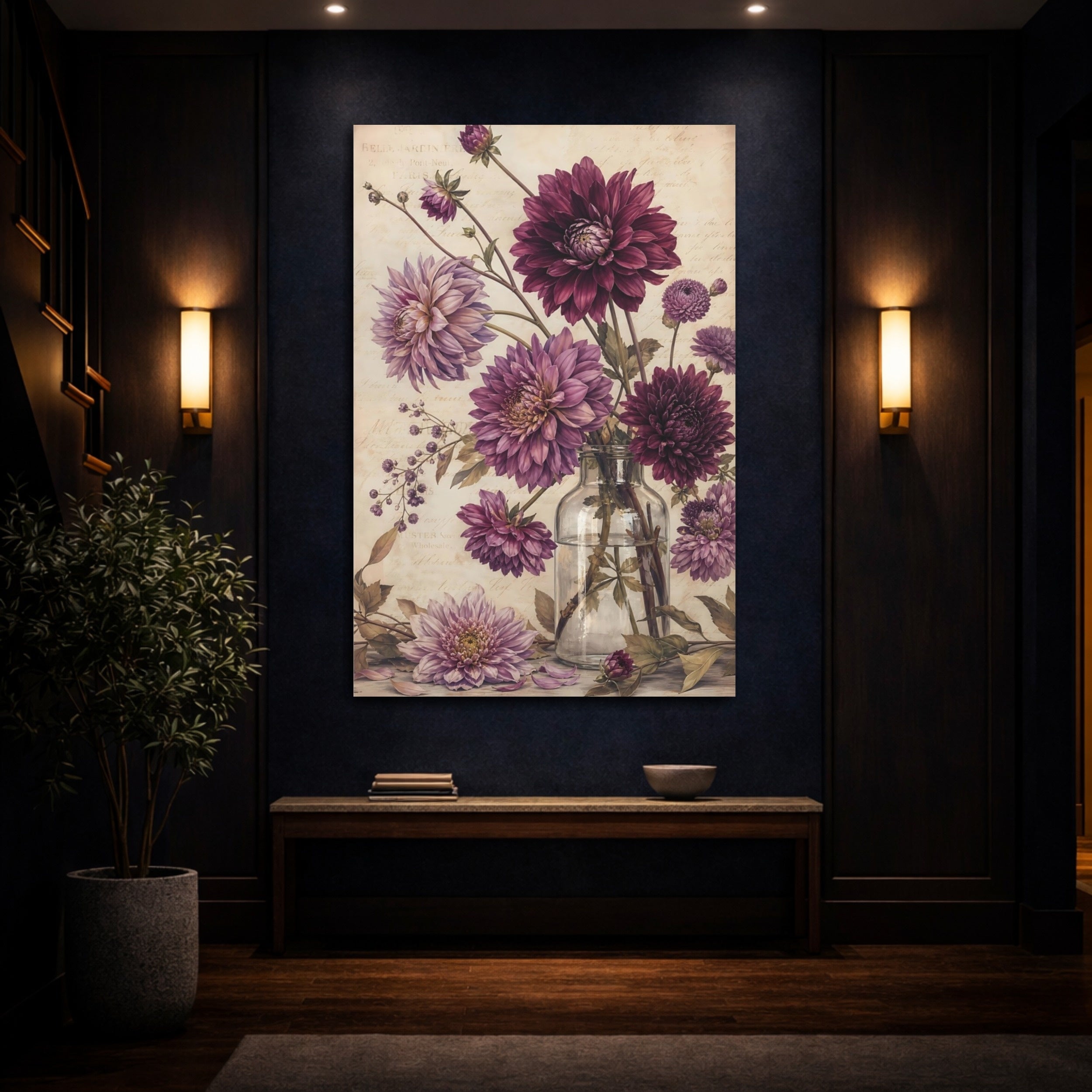 Mockup 4. Floral Dahlias Purple And Beige shown as stretched canvas wall art