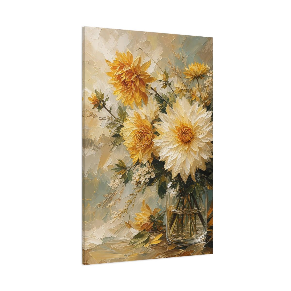 Side Mockup 1. Floral Dahlias Yellow And White Floral shown as stretched canvas wall art