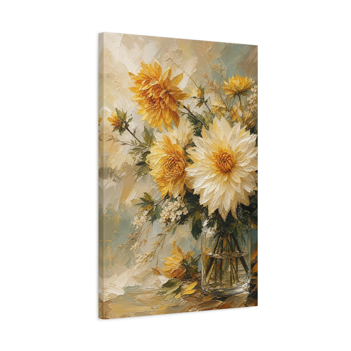 Side Mockup 2. Floral Dahlias Yellow And White Floral shown as stretched canvas wall art