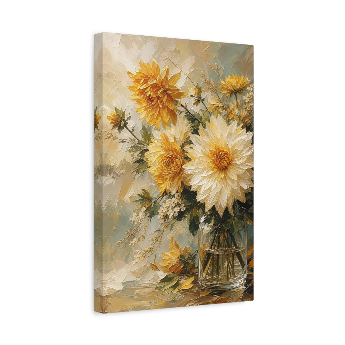 Side Mockup 4. Floral Dahlias Yellow And White Floral shown as stretched canvas wall art