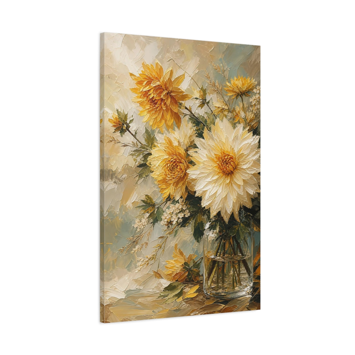 Main Mockup. Floral Dahlias Yellow And White Floral shown as stretched canvas wall art