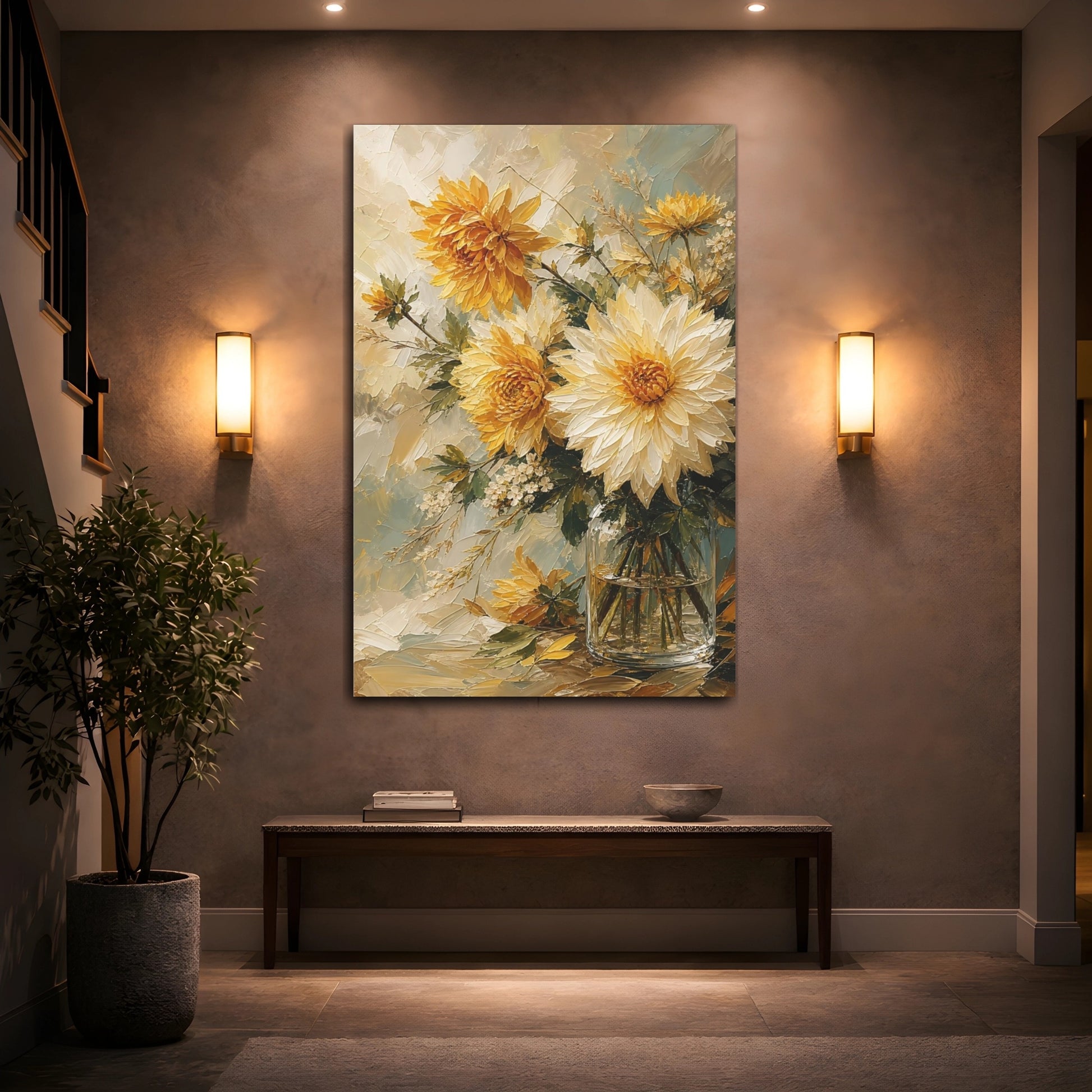 Mockup 2. Floral Dahlias Yellow And White Floral shown as stretched canvas wall art