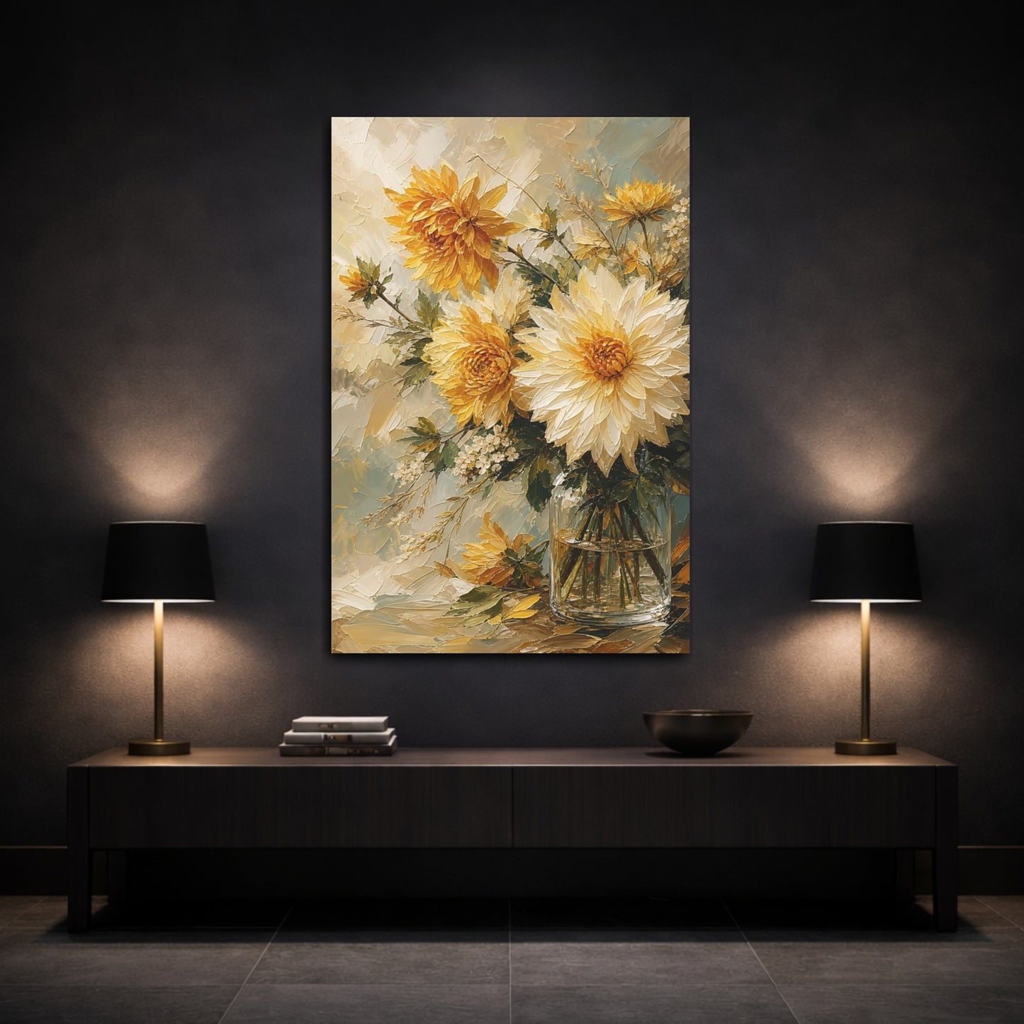 Mockup 3. Floral Dahlias Yellow And White Floral shown as stretched canvas wall art