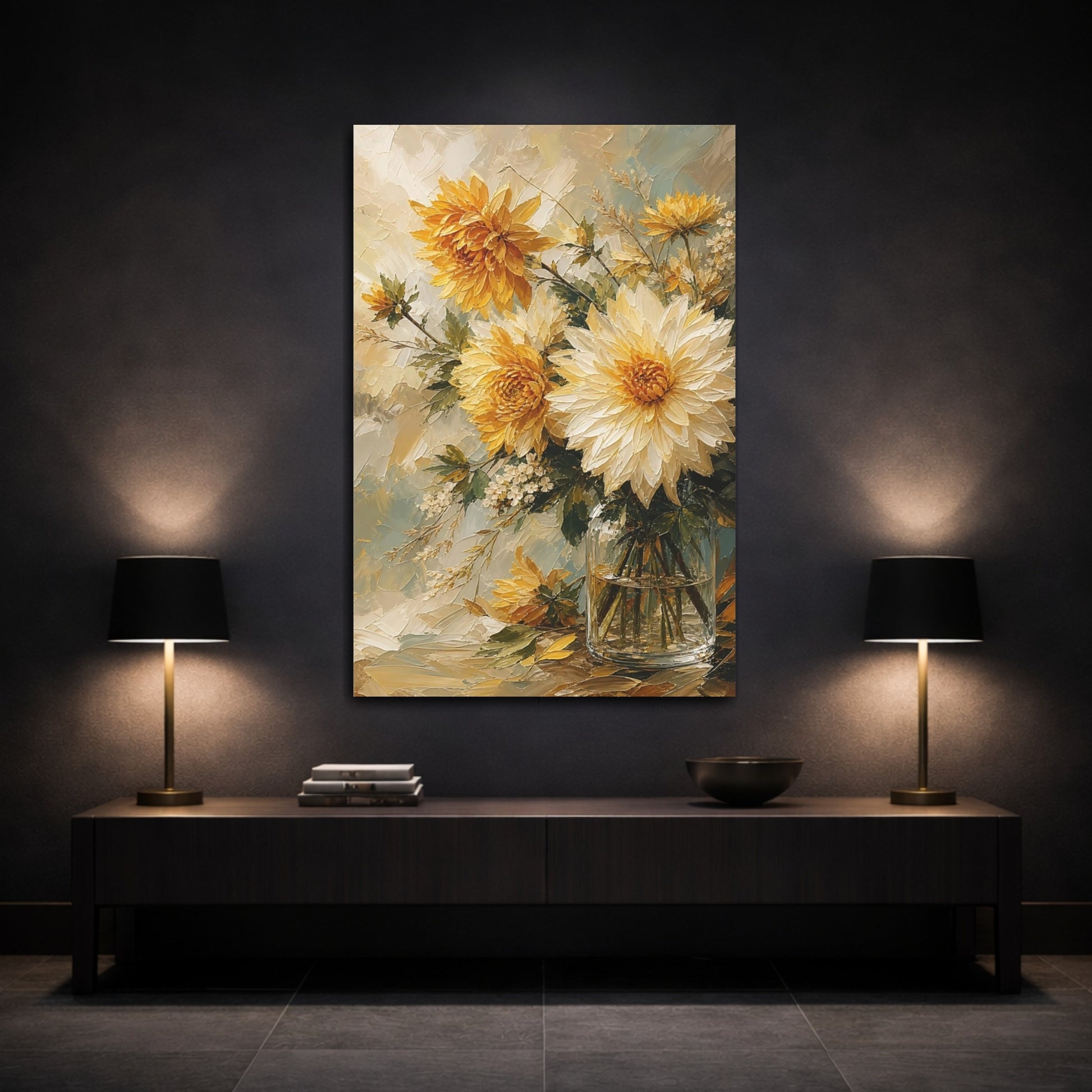 Mockup 3. Floral Dahlias Yellow And White Floral shown as stretched canvas wall art