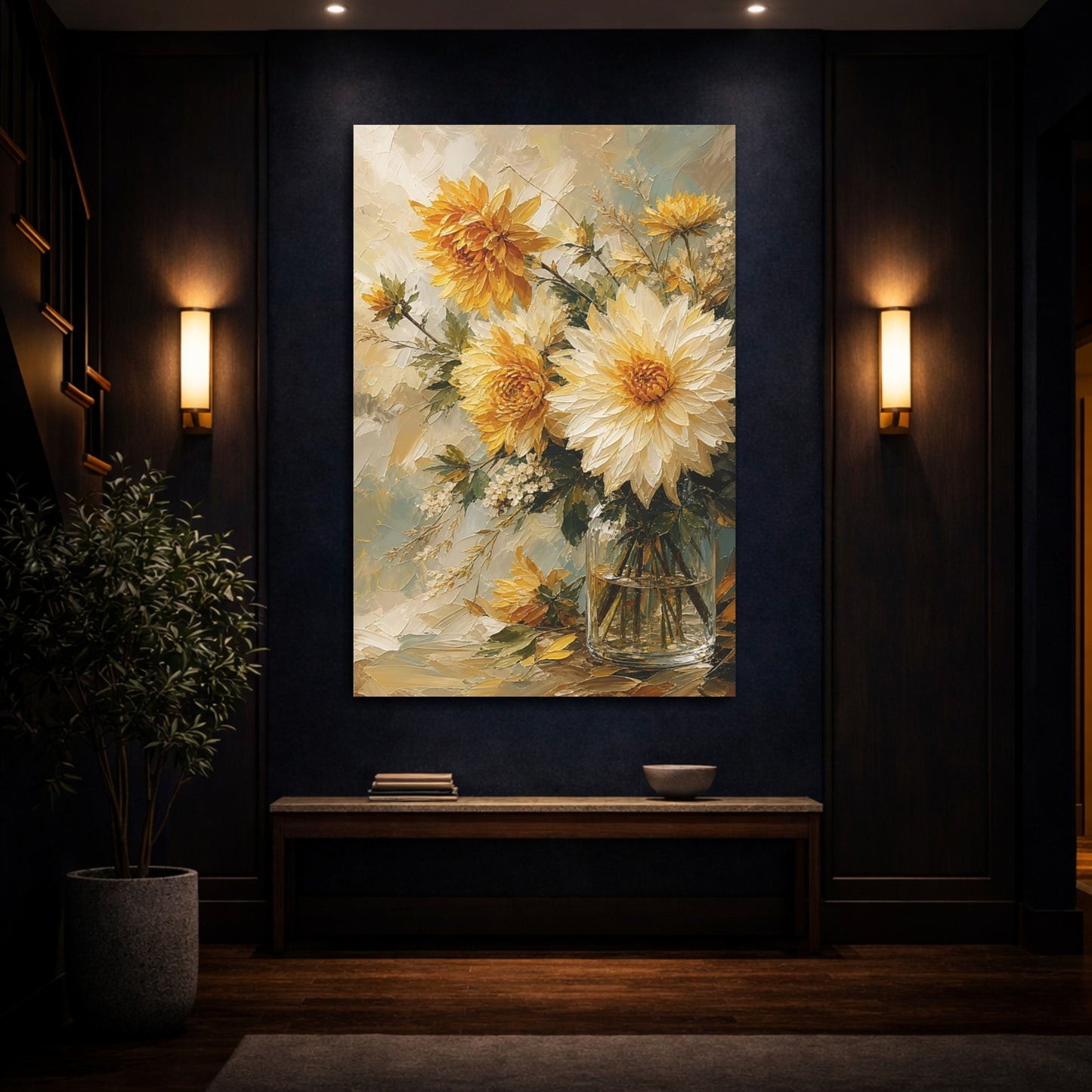 Mockup 4. Floral Dahlias Yellow And White Floral shown as stretched canvas wall art
