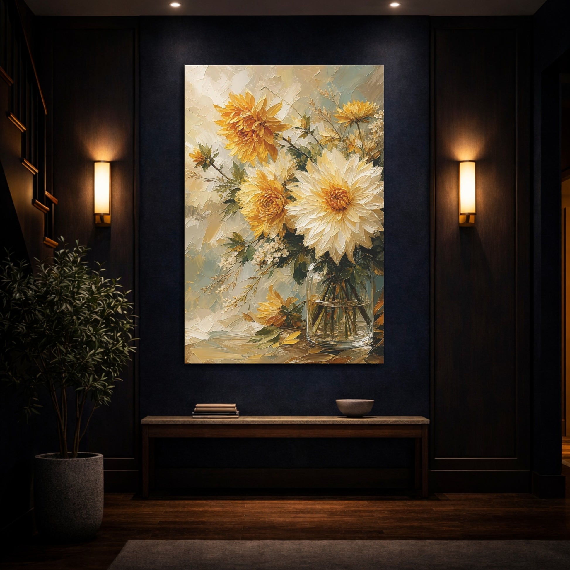 Mockup 4. Floral Dahlias Yellow And White Floral shown as stretched canvas wall art