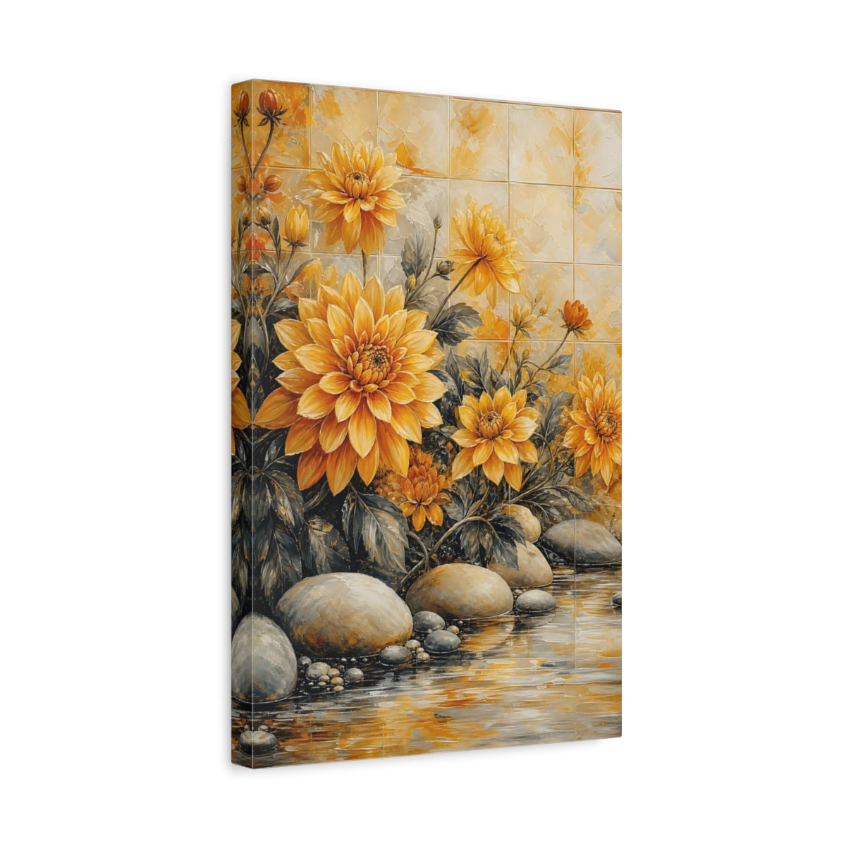 Side Mockup 4. Floral Dahlias Yellow Floral shown as stretched canvas wall art