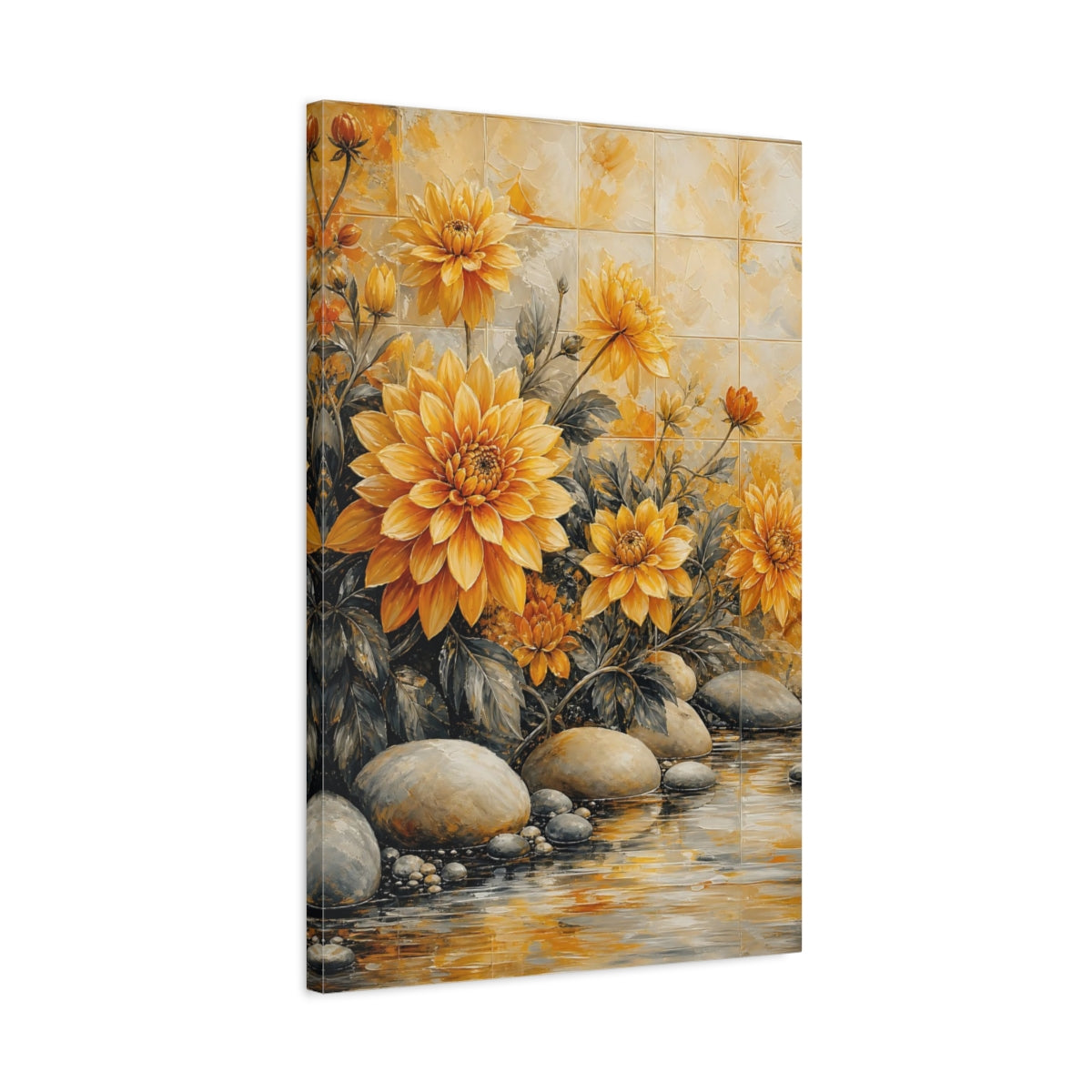 Side Mockup 2. Floral Dahlias Yellow Floral shown as stretched canvas wall art