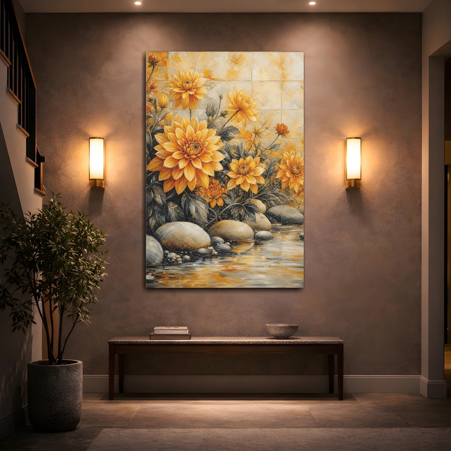 Mockup 2. Floral Dahlias Yellow Floral shown as stretched canvas wall art