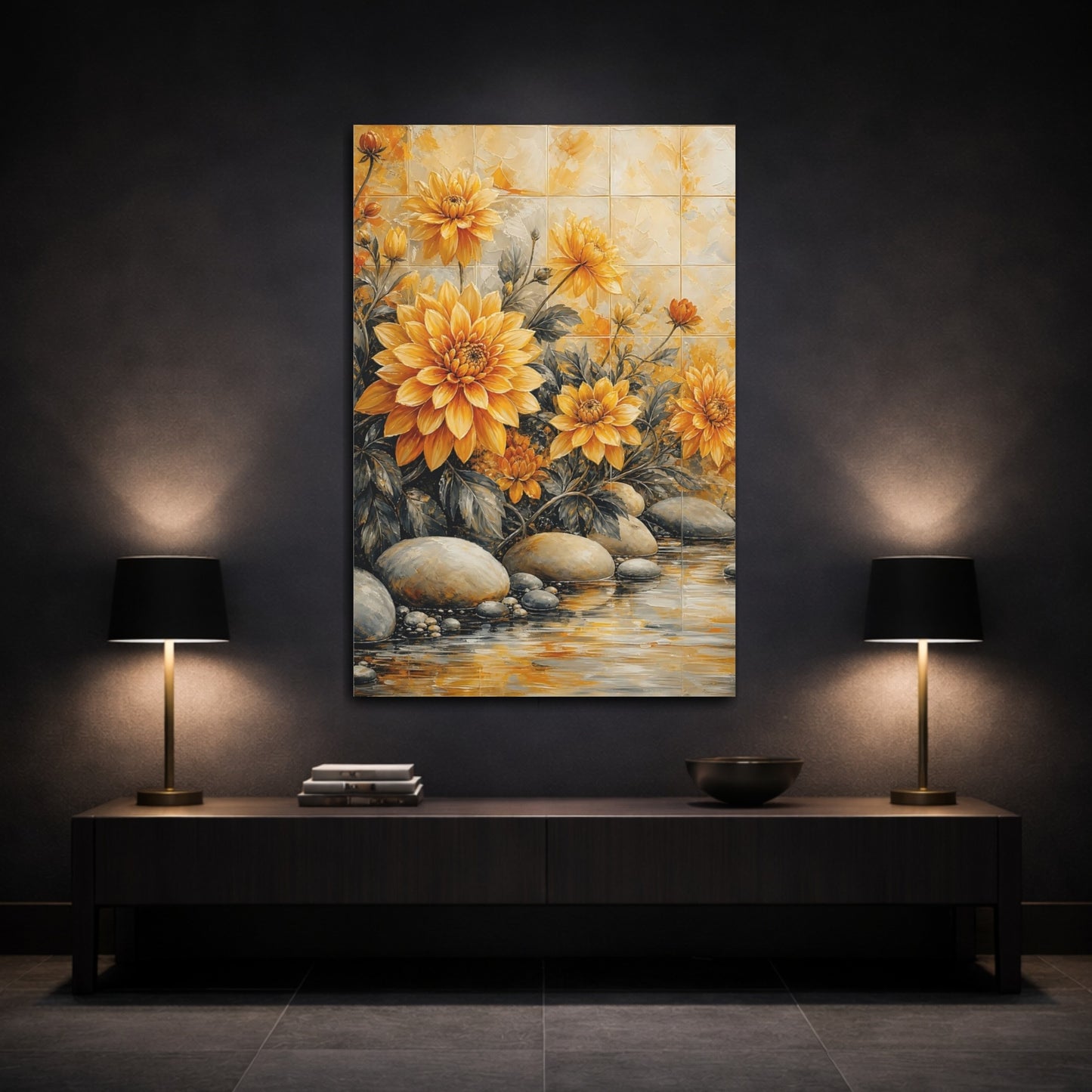 Mockup 3. Floral Dahlias Yellow Floral shown as stretched canvas wall art