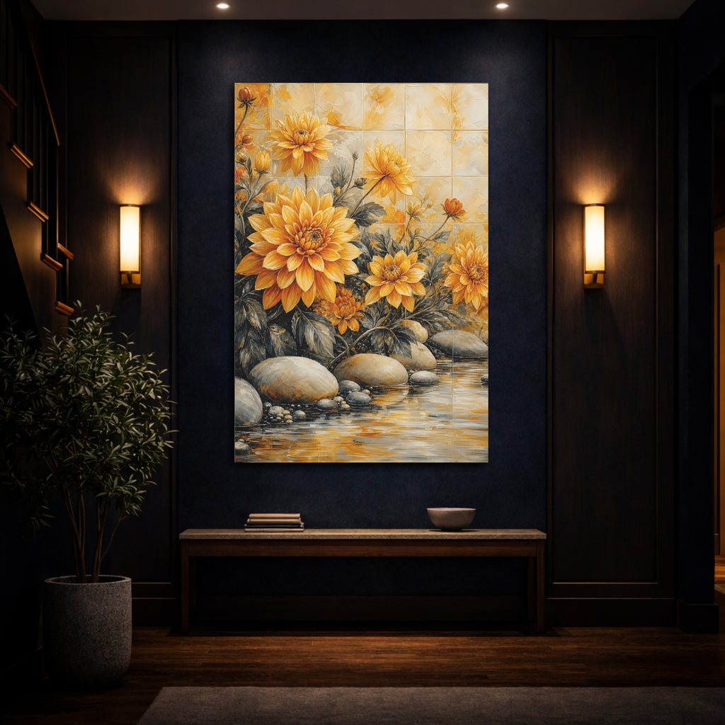 Mockup 4. Floral Dahlias Yellow Floral shown as stretched canvas wall art