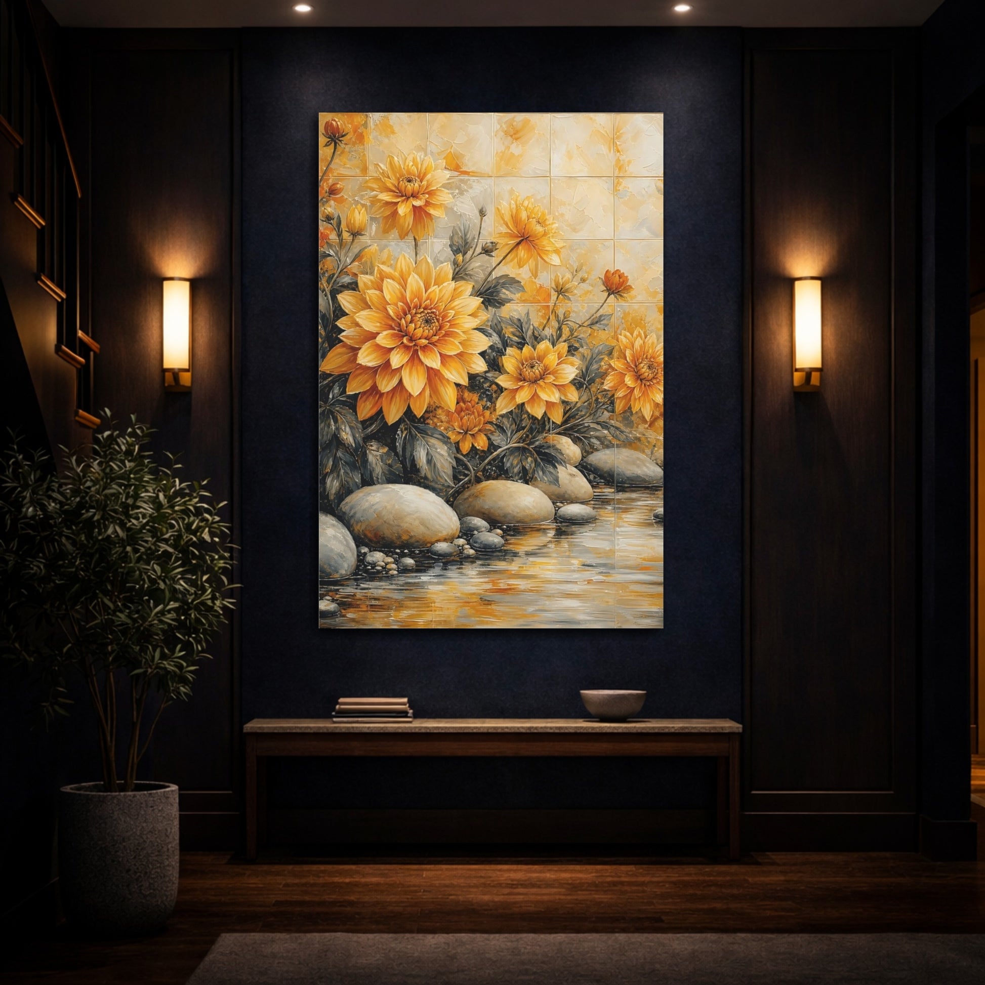 Mockup 4. Floral Dahlias Yellow Floral shown as stretched canvas wall art