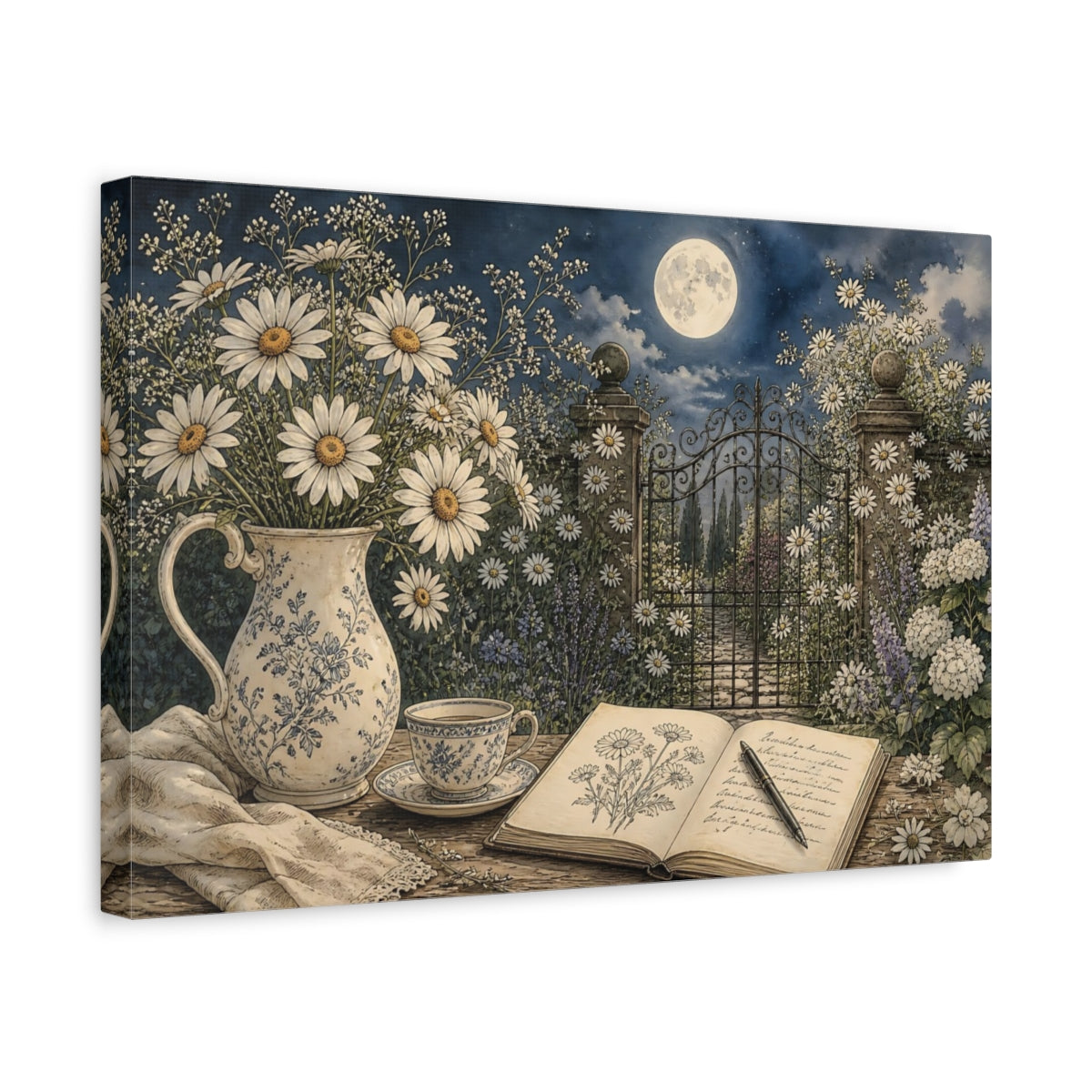 Side Mockup 4. Floral Daisies Moonlit Garden Floral shown as stretched canvas wall art
