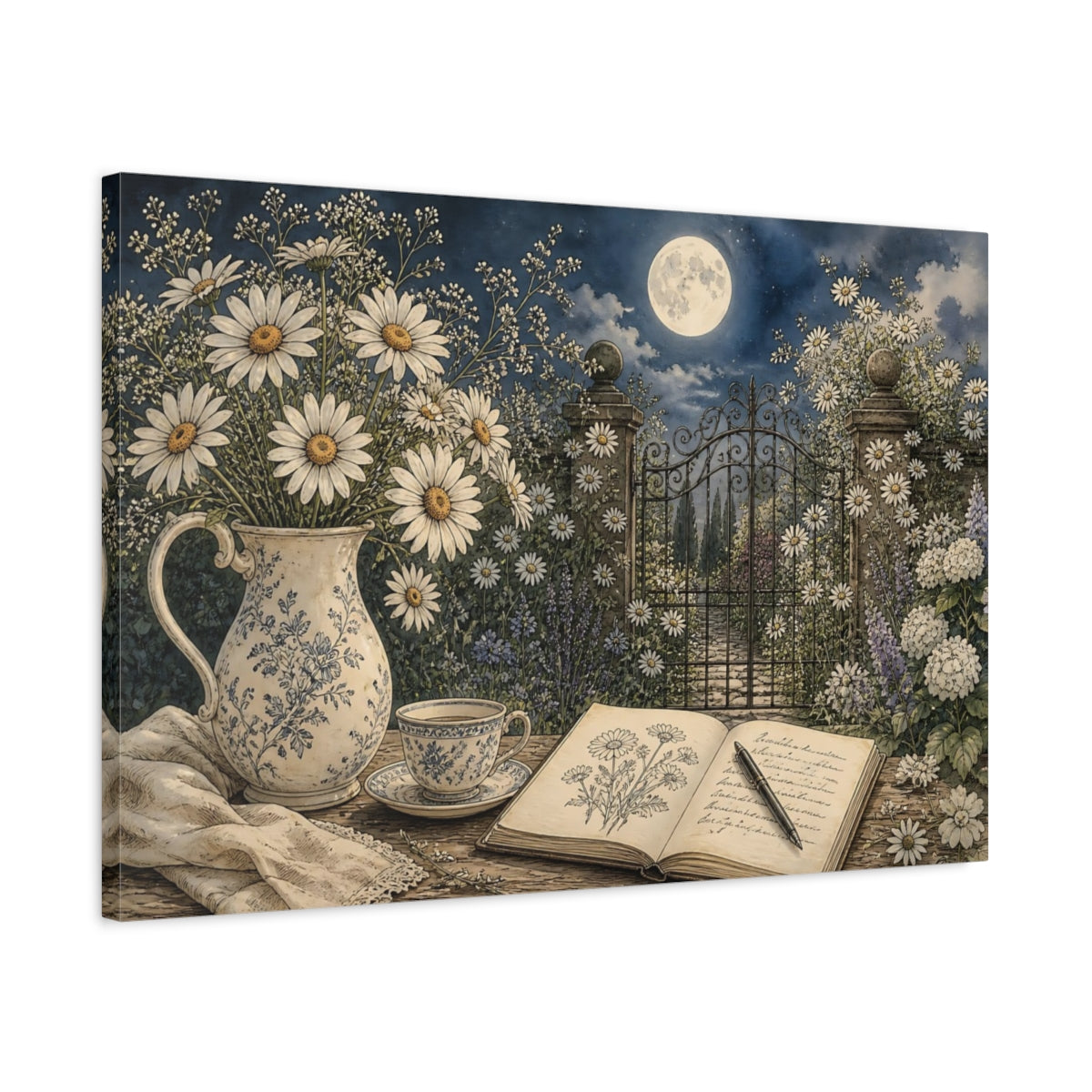 Side Mockup 2. Floral Daisies Moonlit Garden Floral shown as stretched canvas wall art