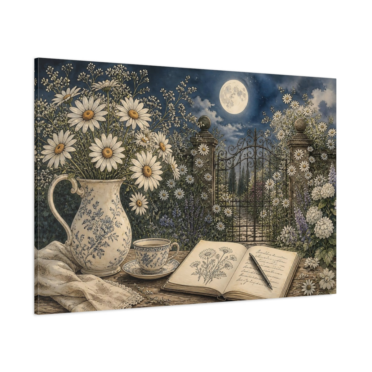 Side Mockup 1. Floral Daisies Moonlit Garden Floral shown as stretched canvas wall art
