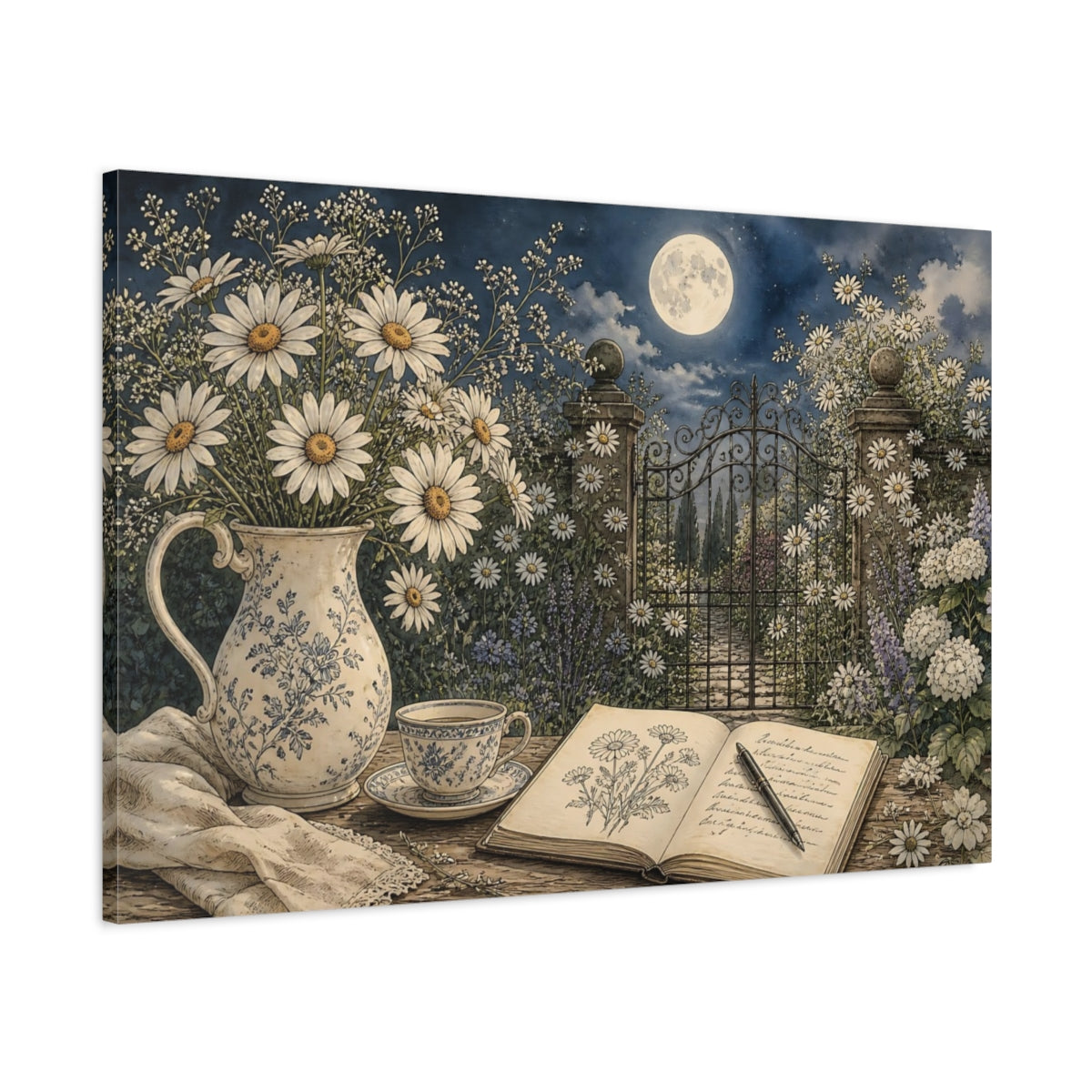 Main Mockup. Floral Daisies Moonlit Garden Floral shown as stretched canvas wall art