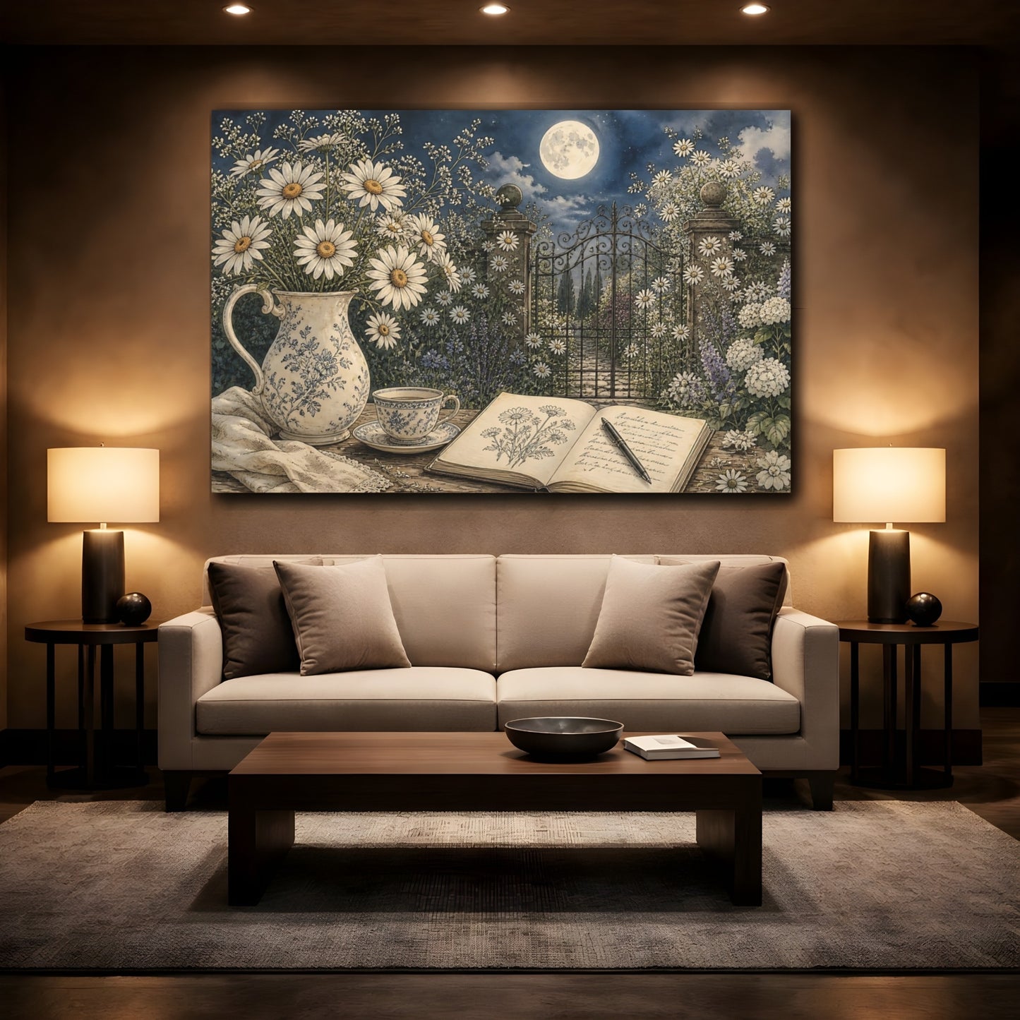 Mockup 2. Floral Daisies Moonlit Garden Floral shown as stretched canvas wall art