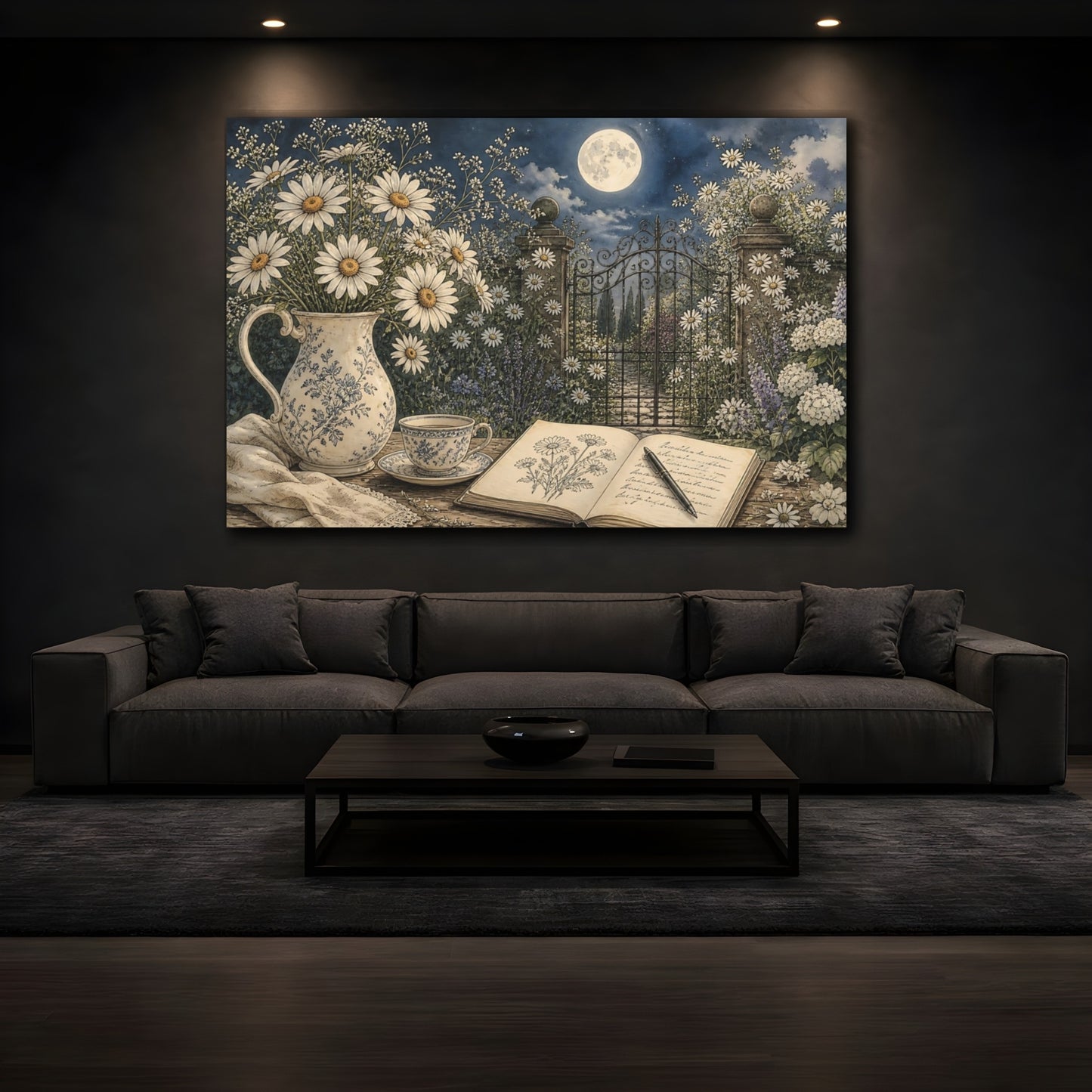 Mockup 3. Floral Daisies Moonlit Garden Floral shown as stretched canvas wall art
