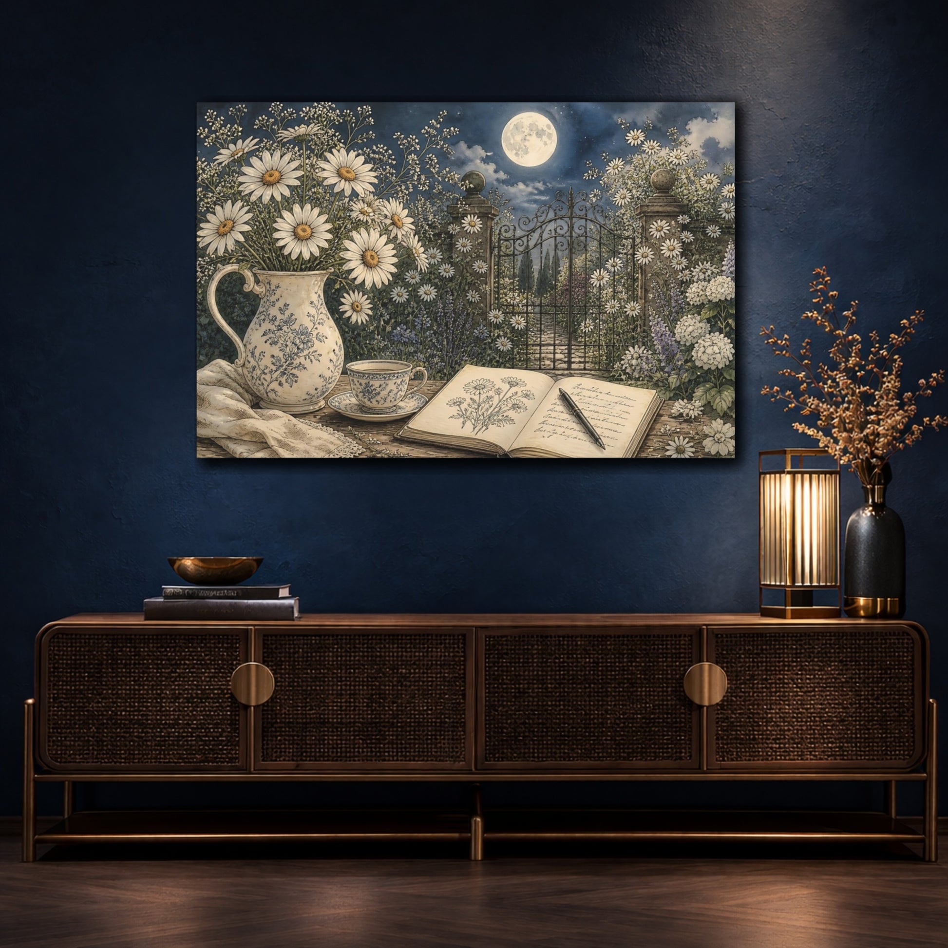 Mockup 4. Floral Daisies Moonlit Garden Floral shown as stretched canvas wall art