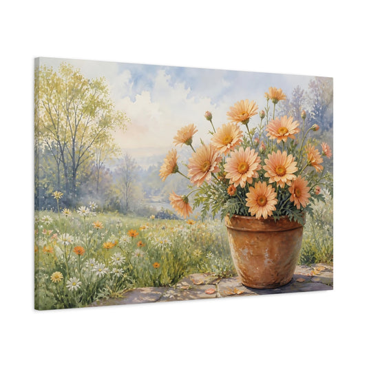 Main Mockup. Floral Daisies Orange Daisies shown as stretched canvas wall art