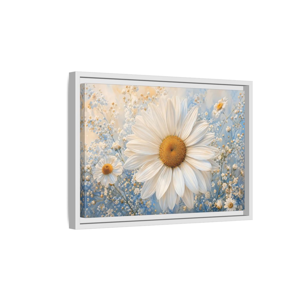 Side Mockup 4. Floral Daisies White Daisies Blue shown as stretched canvas wall art