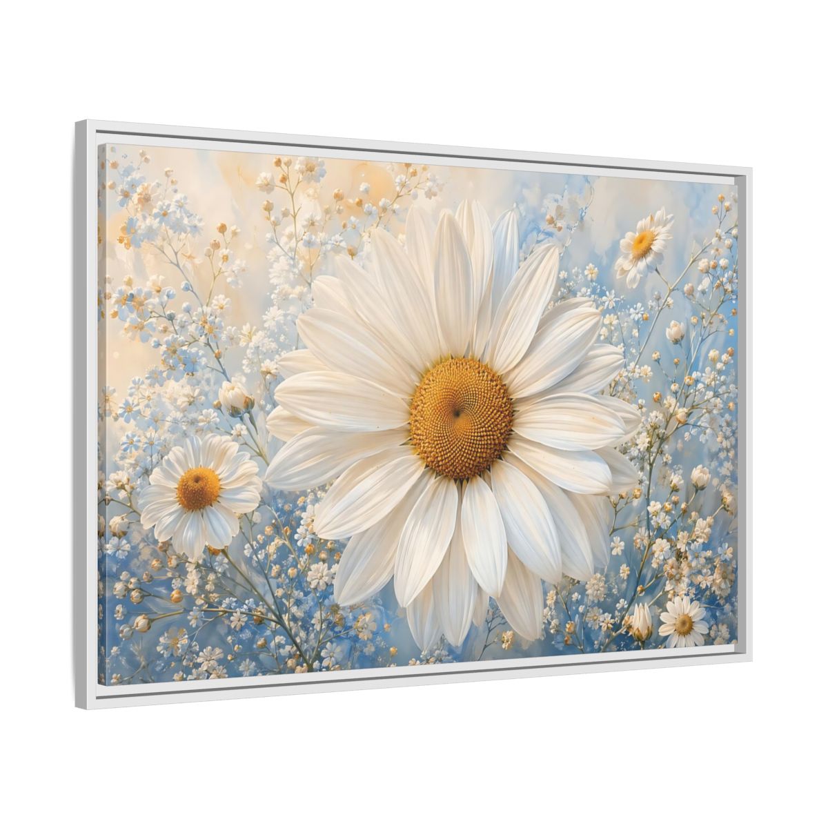 Side Mockup 9. Floral Daisies White Daisies Blue shown as stretched canvas wall art