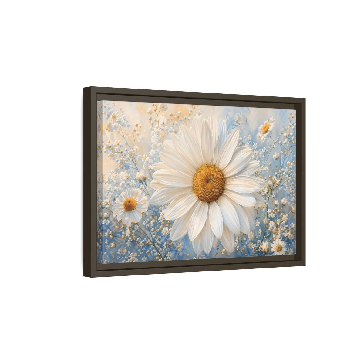 Side Mockup 5. Floral Daisies White Daisies Blue shown as stretched canvas wall art