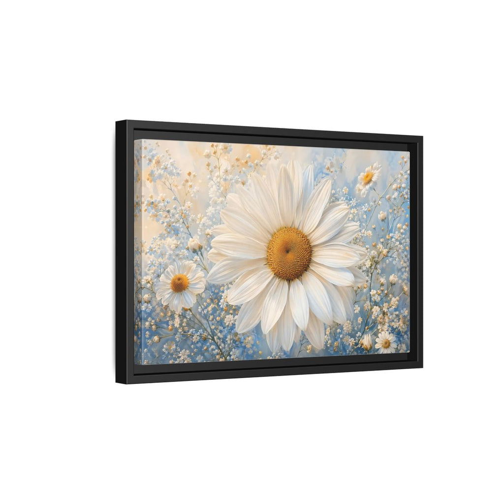 Side Mockup 6. Floral Daisies White Daisies Blue shown as stretched canvas wall art